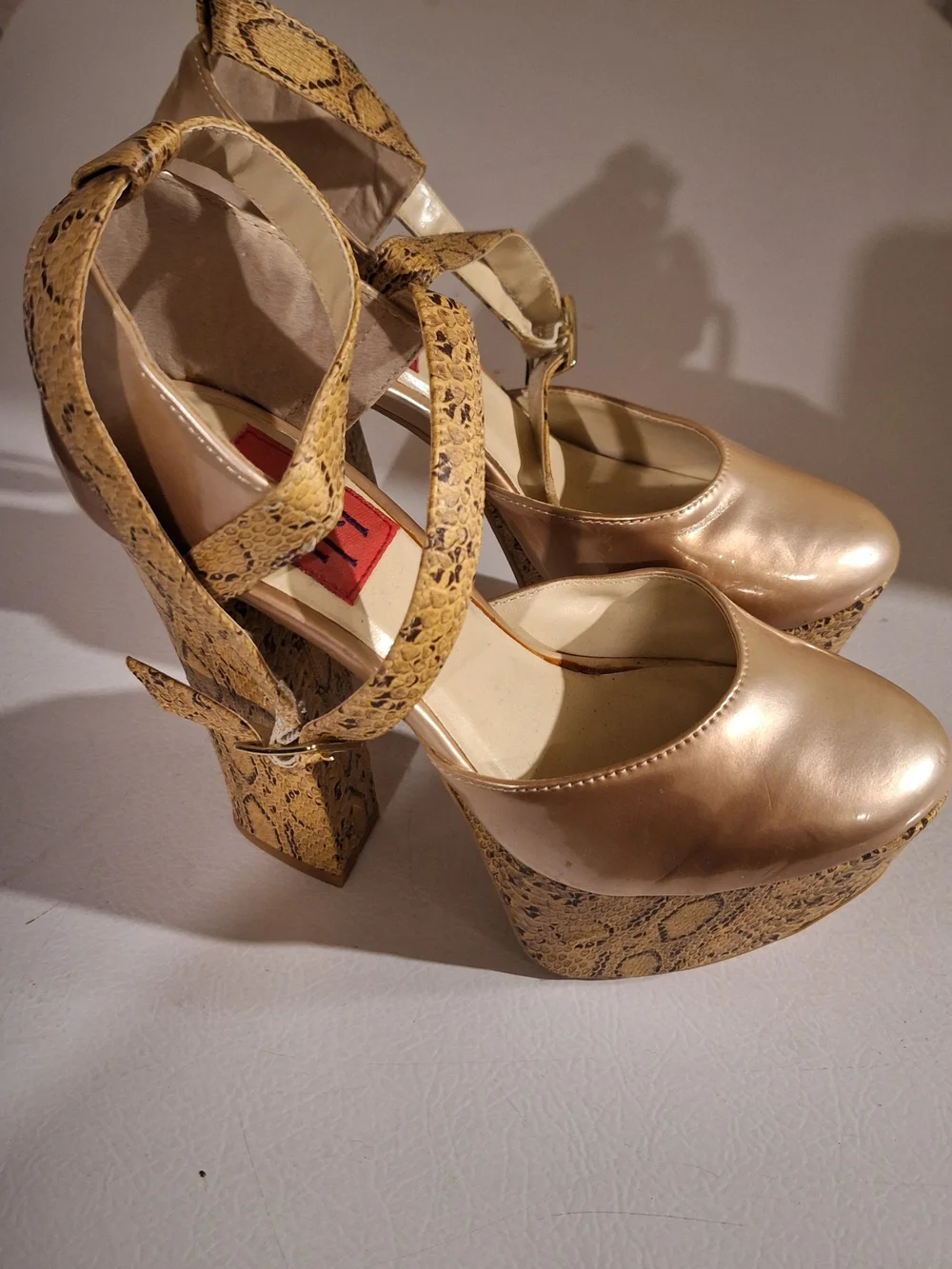 Women's Gold Platform Heels with Snake-Print Straps